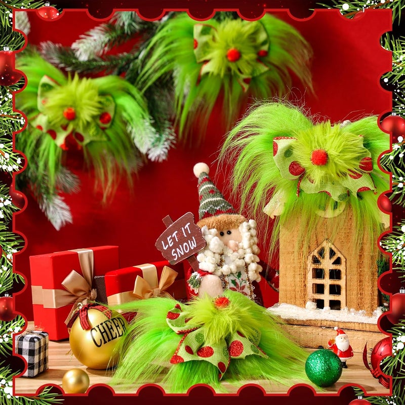 Knitgrip 12 Pcs Red Green Christmas Bows Christmas Tree Decoration Lime Green Wreaths Velvet Bow Tree Topper with Fluffy Ornaments for Xmas Party (Cute) - Image 2